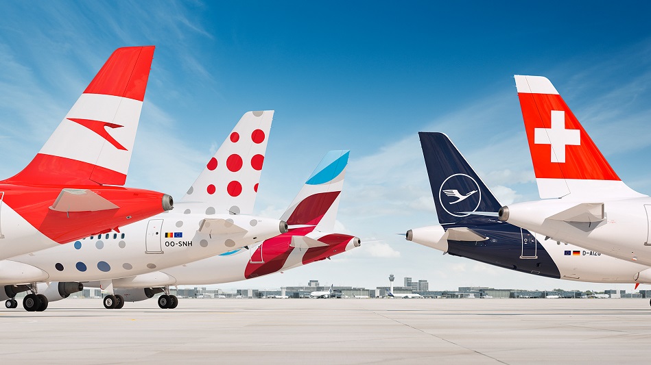 Aircraft tails with the liveries of Austrian, Brussels, Eurowings, Lufthansa and Swiss