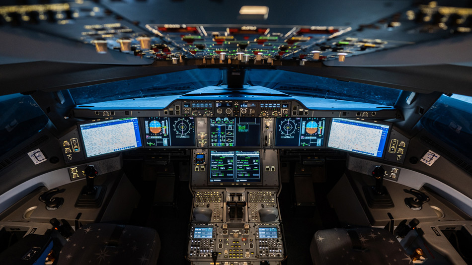 Illuminated cockpit of a full flight simulator