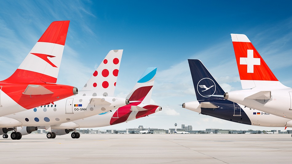 5 aircraft tails with the liveries of Austrian, Lufthansa, Swiss, Eurowings and Brussels