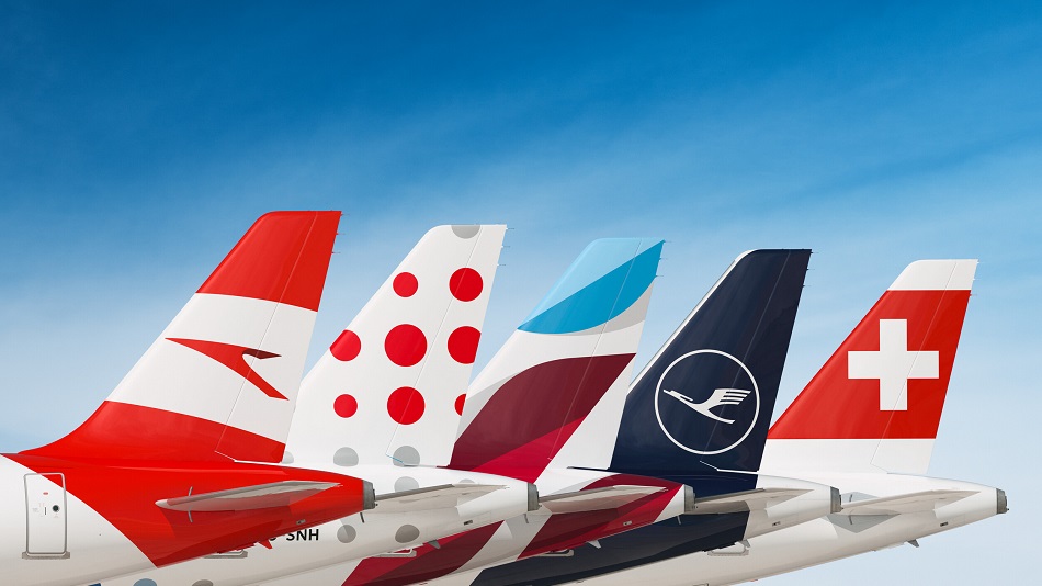 Five aircraft tails with the liveries of Austrian, Brussels, Eurowings, Lufthansa and Swiss.
